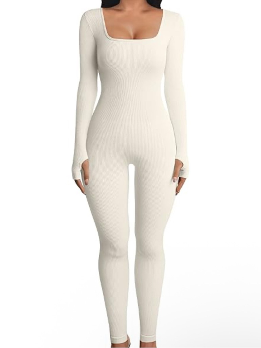 Cream Ribbed Long-Sleeve Square Neck Jumpsuit